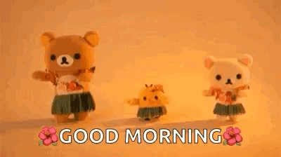 A Group Of Teddy Bears Are Dancing In Hula Skirts And The Words `` Good Morning '' Are Above Them . GIF