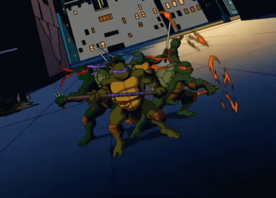 A Group Of Teenage Mutant Ninja Turtles Holding Weapons In Front Of A Building GIF