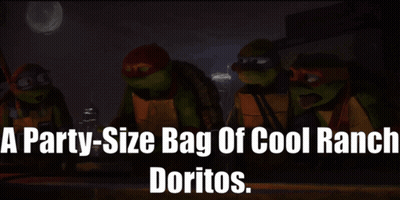 A Group Of Teenage Mutant Ninja Turtles Standing Next To Each Other With The Words A Party-Size Bag Of Cool Ranch Dorito GIF