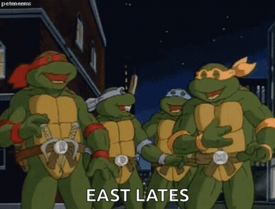A Group Of Teenage Mutant Ninja Turtles Standing Next To Each Other With The Words East Late Written On The Bottom . GIF