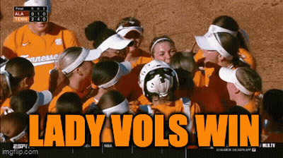 A Group Of Tennessee Softball Players Huddle Together With The Words Lady Vols Win Above Them GIF