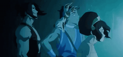 A Group Of Three Cartoon Characters Are Standing Next To Each Other In A Dark Room . GIF