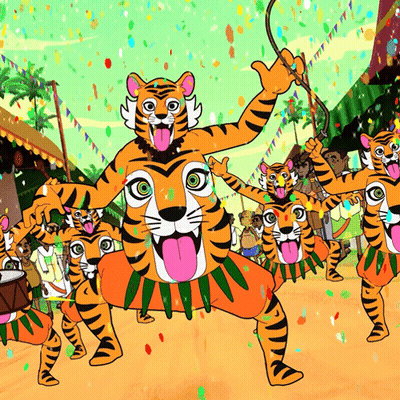 A Group Of Tigers Are Dancing In A Parade GIF