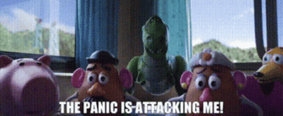 A Group Of Toy Story Characters Are Standing In Front Of A Window With The Words The Panic Is Attacking Me GIF