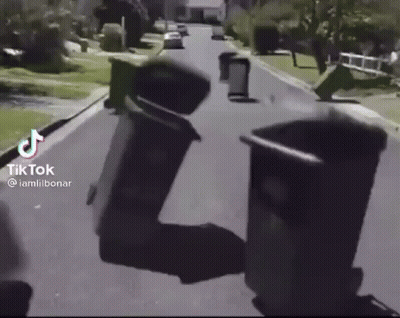 A Group Of Trash Cans Are Sitting On The Side Of A Road . GIF