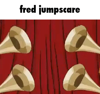 A Group Of Trumpets Are Playing In Front Of A Red Curtain With The Words `` Fred Jumpscare '' Written Above Them . GIF