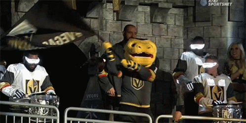 A Group Of Vegas Golden Knights Hockey Players Standing Behind A Fence With A Mascot . GIF