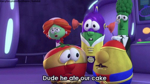 A Group Of Veggie Tales Characters Standing Next To Each Other And One Of Them Says Dude He Ate Our Cake GIF