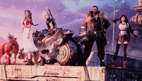 A Group Of Video Game Characters Are Standing Next To A Motorcycle GIF