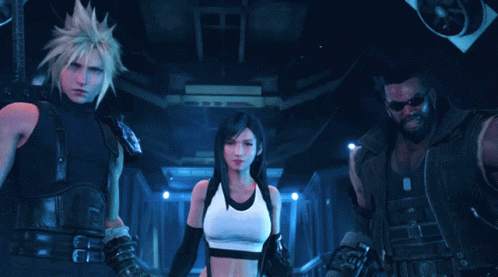 A Group Of Video Game Characters Are Standing Next To Each Other In A Dark Room GIF
