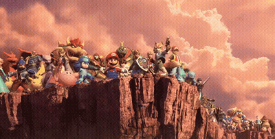 A Group Of Video Game Characters Are Standing On Top Of A Rocky Cliff GIF