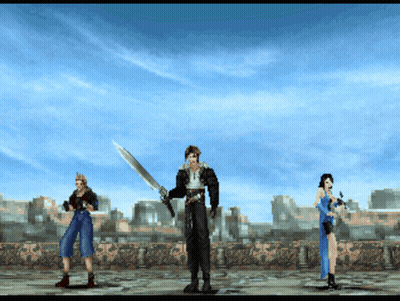 A Group Of Video Game Characters Standing Next To Each Other With One Holding A Sword GIF