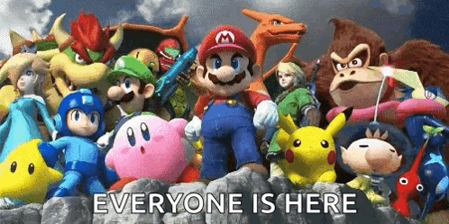 A Group Of Video Game Characters Standing Next To Each Other With The Words Everyone Is Here Below Them . GIF