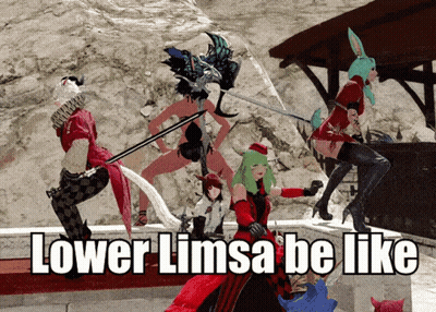 A Group Of Video Game Characters With The Words Lower Limsa Be Like On The Bottom GIF