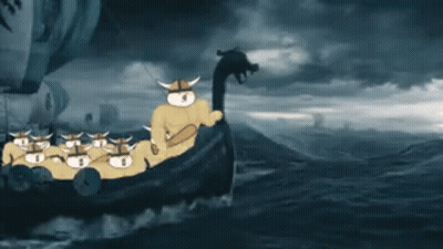 A Group Of Vikings Are Riding On The Back Of A Boat GIF