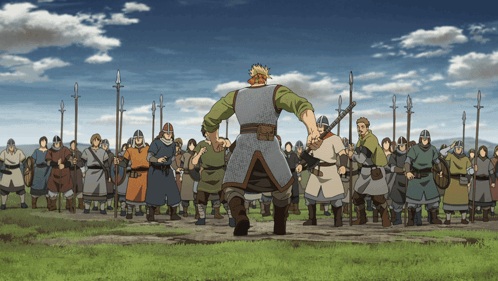 A Group Of Vikings Are Standing In A Field With Spears GIF