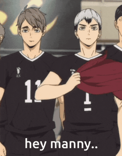 A Group Of Volleyball Players Are Standing Next To Each Other And One Of Them Says Hey Manny GIF