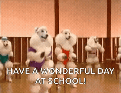 A Group Of White Poodles Are Dancing In A Gym And The Words `` Have A Wonderful Day At School '' Are Written Above Them  GIF