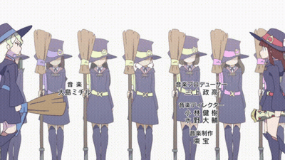 A Group Of Witches Standing Next To Each Other With Their Brooms GIF