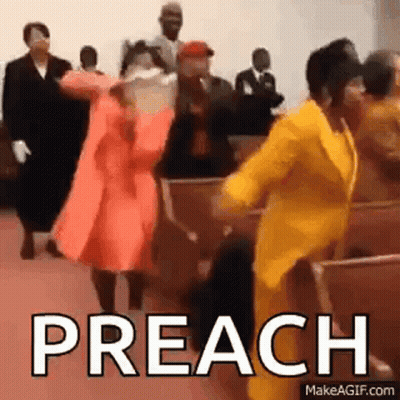 A Group Of Women Are Dancing In A Church With The Word Preach Written On The Screen . GIF
