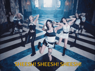 A Group Of Women Are Dancing In A Room With The Words Sheesh Written In Yellow GIF