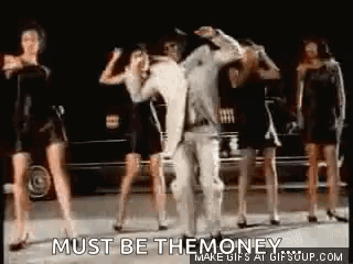 A Group Of Women Are Dancing In Front Of A Car With The Words `` Must Be The Money '' Written Above Them . GIF