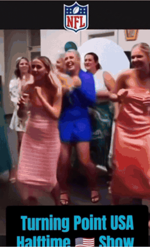 A Group Of Women Are Dancing In Front Of A Sign That Says Nfl GIF