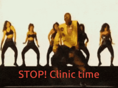 A Group Of Women Are Dancing In Front Of A Sign Which Says Stop Clinic Time GIF