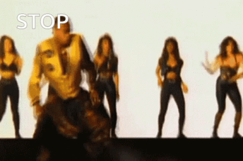 A Group Of Women Are Dancing In Front Of A White Background And The Word Stop Is On The Bottom GIF
