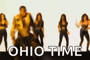 A Group Of Women Are Dancing In Front Of A White Background With The Words `` Ohio Time '' . GIF