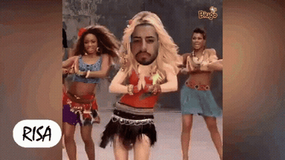A Group Of Women Are Dancing With A Man 'S Face On Their Heads . GIF