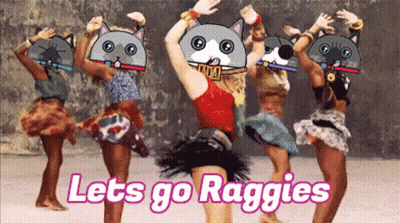A Group Of Women Are Dancing With The Words Let 'S Go Raggies GIF