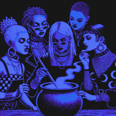 A Group Of Women Are Gathered Around A Cauldron With Smoke Coming Out Of It . GIF