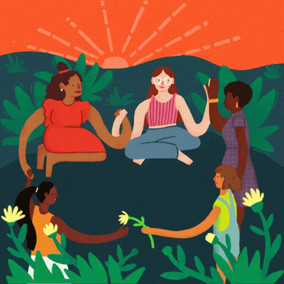 A Group Of Women Are Holding Hands In A Circle With The Sun In The Background GIF