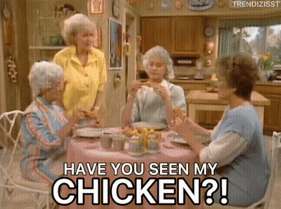 A Group Of Women Are Sitting At A Table And One Of Them Is Asking If They Have Seen Their Chicken GIF