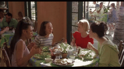 A Group Of Women Are Sitting At A Table With Plates Of Food GIF