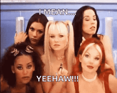 A Group Of Women Are Standing Next To Each Other And One Of Them Is Holding A Lipstick And Says I Mean Yeehaw !! GIF