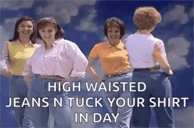 A Group Of Women Are Standing Next To Each Other Wearing Jeans N Tuck Your Shirt In Day . GIF