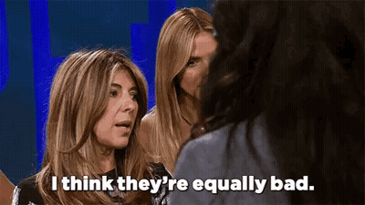 A Group Of Women Are Talking To Each Other And One Of Them Is Saying `` I Think They 'Re Equally Bad '' GIF