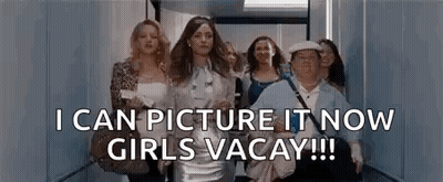 A Group Of Women Are Walking Down An Elevator With The Words `` I Can Picture It Now Girls Vacay ! '' GIF
