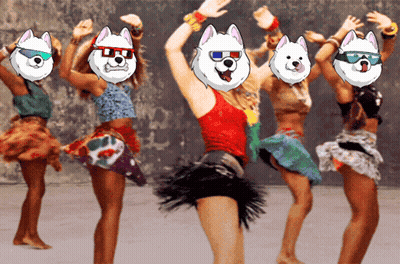 A Group Of Women Dancing With Husky Faces On Their Faces GIF