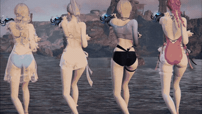 A Group Of Women In Bikinis Are Standing In The Water GIF