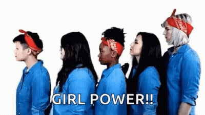 A Group Of Women In Blue Shirts And Bandanas Are Standing Next To Each Other In A Line . GIF