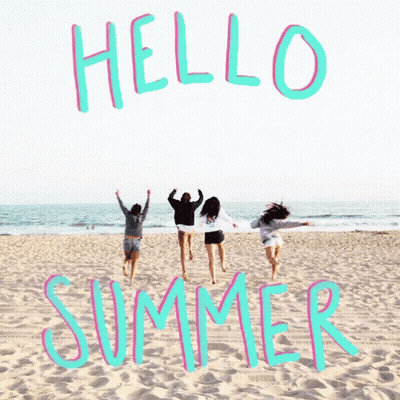 a group of women jumping in the air on a beach with the words hello summer written above them