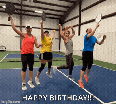 A Group Of Women Jumping In The Air On A Tennis Court With The Words Happy Birthday Written On The Bottom GIF