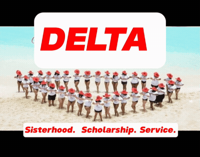 A Group Of Women Standing In A Circle On A Beach Under A Delta Logo GIF