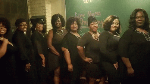 A Group Of Women Standing In Front Of A Sign That Says Five Music GIF