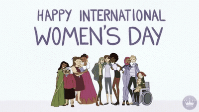 A Group Of Women Standing Next To Each Other With The Words Happy International Women 'S Day Written Above Them GIF