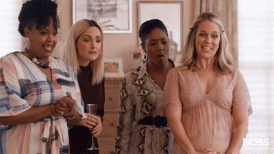 A Group Of Women Standing Next To Each Other With The Words Like A Boss On The Bottom Right GIF