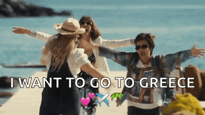 A Group Of Women Standing On A Beach With The Words " I Want To Go To Greece " Written On The Bottom GIF
